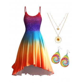 

Bright Color Ombre Spots Print High Low Sundress And Flower Layered Chain Necklace Tie Dye Waterdrop Earrings Outfit, Multicolor