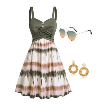 

Tie Dye Print Crossover Sleeveless Mini Dress and Outdoor Trendy Sunglasses Drop Earrings Outfit, Multicolor