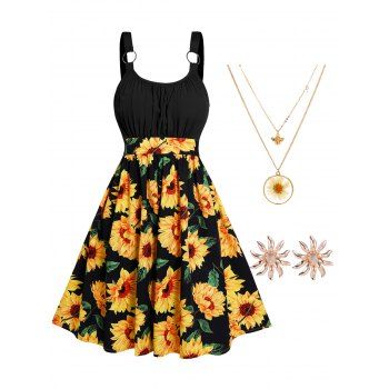 

Sunflower Print Colorblock Sundress and Elegance Stud Earrings Layered Necklace Outfit, Multicolor