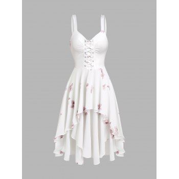 

Floral Print Lace Up Dress Ruched High Low Hem Fresh Style Midi Dress, White