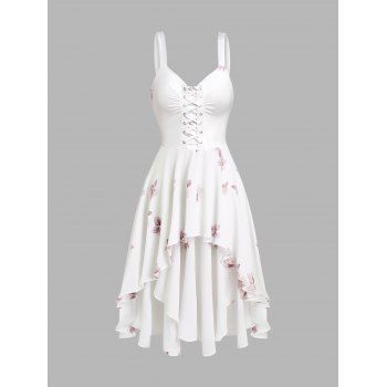 

Floral Print Lace Up Dress Ruched High Low Hem Fresh Style Midi Dress, White