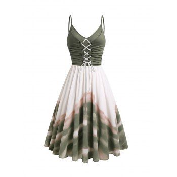 

Fairycore Tie Dye Print Lace Up Colorblock Dress Spaghetti Strap Midi Cami Dress, Green