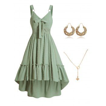 

Swiss Dots High Low Midi Dress and Hollow Out Drop Earrings Lariat Necklace Outfit, Multicolor