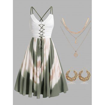 

Fairycore Lace Up Tie Dye Print Midi Cami Dress and Hollow Out Drop Earrings Pendant Necklace Outfit, Multicolor