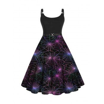 

Spider Web Print Dress Metal Decor U Neck Sleeveless A Line Dress, Black