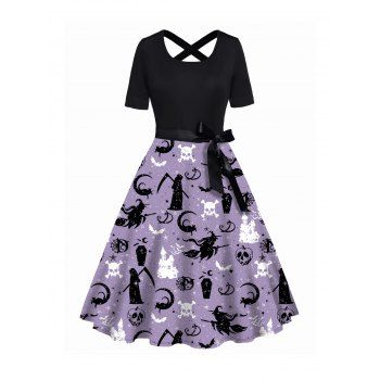 

Witch Print Belt Dress Short Sleeve A Line Casual Dress, Black