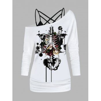 

Skeleton Print Skew Neck Long Sleeve T Shirt and Ruched Lattice Camisole Set, White