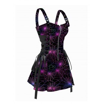 

Spider Web Print Halloween Dress Lace Up Zip Front Buckle Strap Gothic Mini Dress, Black