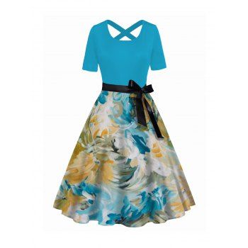 

Water Color Print Belt Dress Crossover Short Sleeve Casual Dress, Light blue