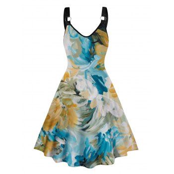 

Water Color Print Tank Dress V Neck Casual A Line Mini Dress, Light blue