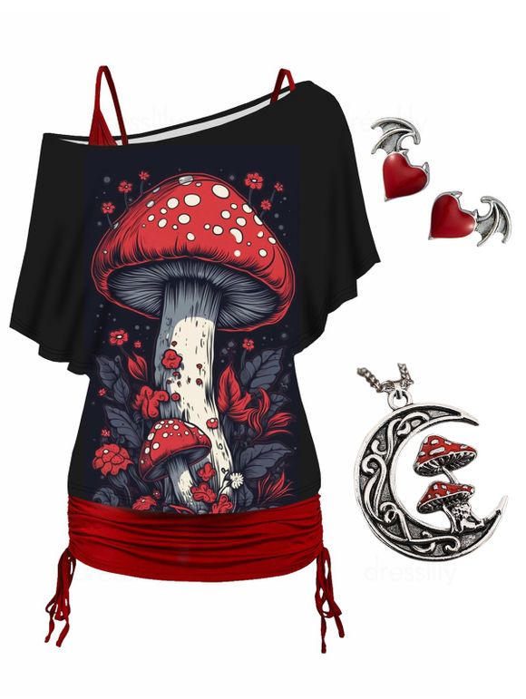 Mushroom Print Oblique Shoulder Tops Heart Gothic Stud Earrings and Pendant Chain Necklace Outfit - multicolor S