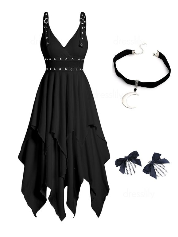 Gothic Layered Grommet Plunge Asymmetrical Midi Dress And Moon Choker Necklace Butterfly Skull Hair Clip Combs Outfit - multicolor S