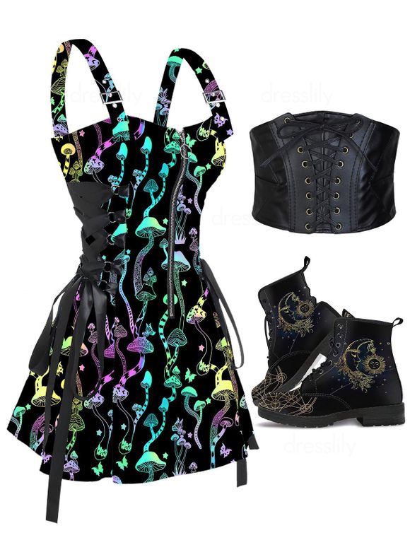 Ensemble de Robe Mini à Demi-Zip à Lacets Bottes Vintage et Ceinture à Taille Large en PU - multicolor S