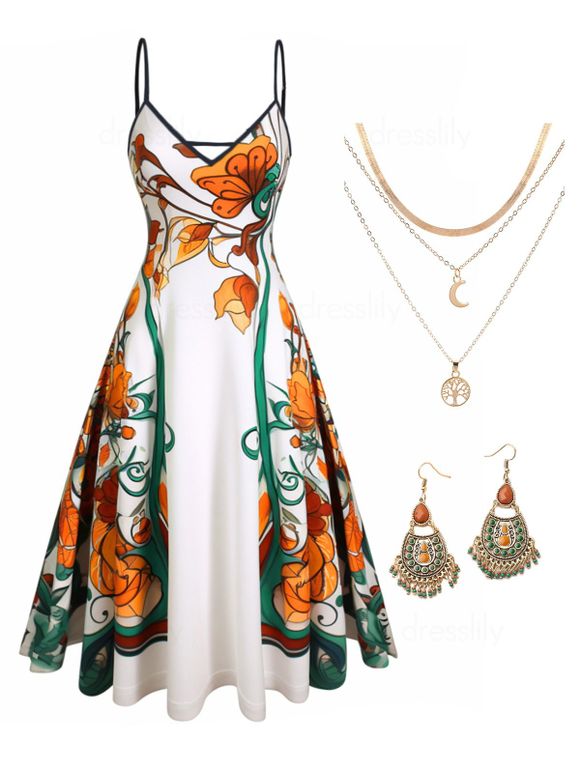 Flower Print V Neck Spaghetti Strap Midi Dress And Tree Moon Layered Chain Necklace Tribal Drop Earrings Outfit - multicolor S