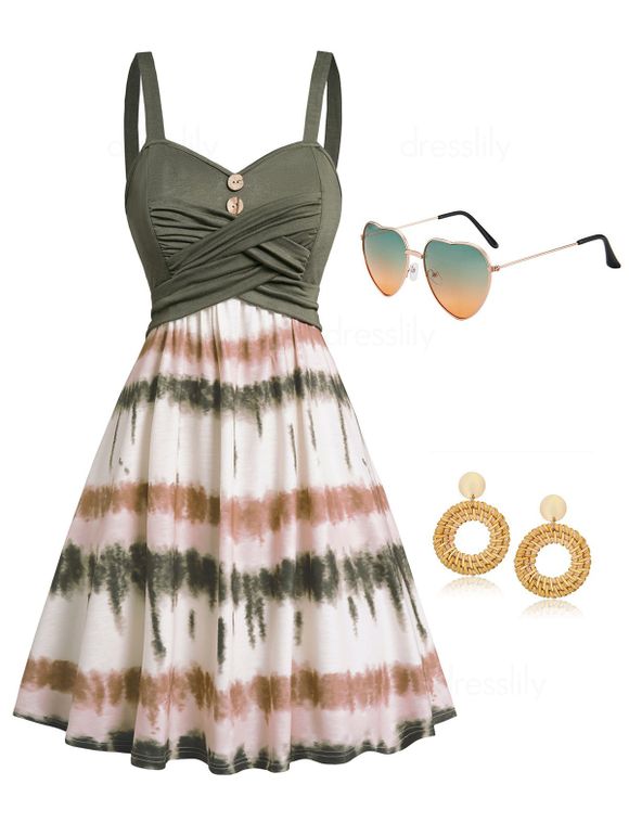 Ensemble de Mini Robe Sans Manche Teintée et Lunettes de Soleil en Plein Air Boucles d'Oreilles - multicolor S