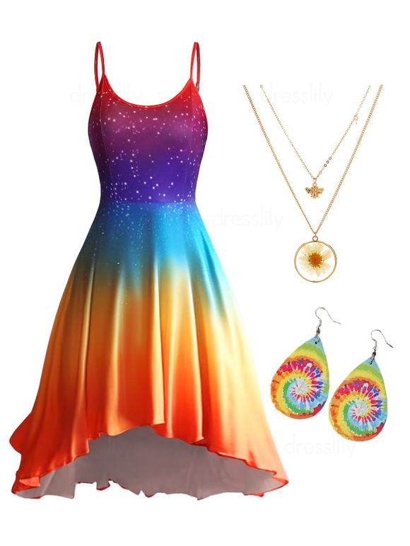 Ensemble de Robe D'été en Couleur Ombrée Haute Basse et Collier Chaîne Superposée à Motif Floral Boucles d'Oreilles Goutte d'Eau Tie-dye - multicolor S