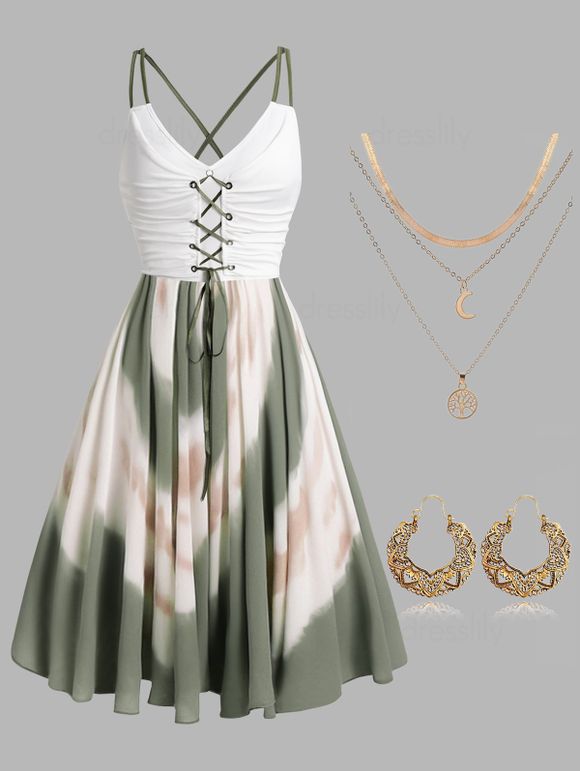 Ensemble de Robe Mi-Longue Teintée Imprimée à Lacets de Fairycore et Boucles d'oreilles Creuses Collier Pendant - multicolor S