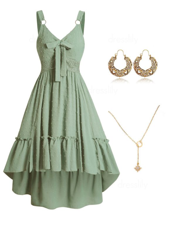 Ensemble de Robe Mi-Longue Haute Basse à Pois et Boucles D'Oreilles Pendantes Collier Lasso - multicolor S