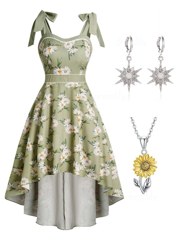 Ensemble de Robe à Imprimé Marguerite Nouée à Epaule avec Boucles D'Oreilles Pendantes en Fausse Perle et Collier Chaîne - multicolor S