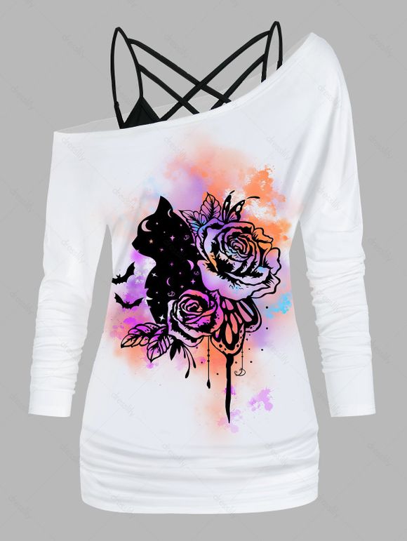 Ensemble de T-shirt à Imprimé Rose à Manches Longues à Col Oblique et de Camisole Ruché en Treillis - Blanc L