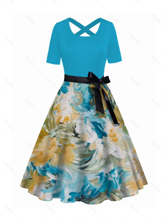 Water Color Print Belt Dress Crossover Short Sleeve Casual Dress - LIGHT BLUE L
