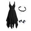Gothic Layered Grommet Plunge Asymmetrical Midi Dress And Moon Choker Necklace Butterfly Skull Hair Clip Combs Outfit - multicolor S