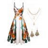 Flower Print V Neck Spaghetti Strap Midi Dress And Tree Moon Layered Chain Necklace Tribal Drop Earrings Outfit - multicolor S