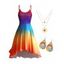 Ensemble de Robe D'été en Couleur Ombrée Haute Basse et Collier Chaîne Superposée à Motif Floral Boucles d'Oreilles Goutte d'Eau Tie-dye - multicolor S