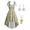 Ensemble de Robe à Imprimé Marguerite Nouée à Epaule avec Boucles D'Oreilles Pendantes en Fausse Perle et Collier Chaîne - multicolor S