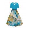 Water Color Print Belt Dress Crossover Short Sleeve Casual Dress - LIGHT BLUE L