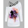 Ensemble de T-shirt à Imprimé Rose à Manches Longues à Col Oblique et de Camisole Ruché en Treillis - Blanc L