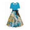 Water Color Print Belt Dress Crossover Short Sleeve Casual Dress - LIGHT BLUE L