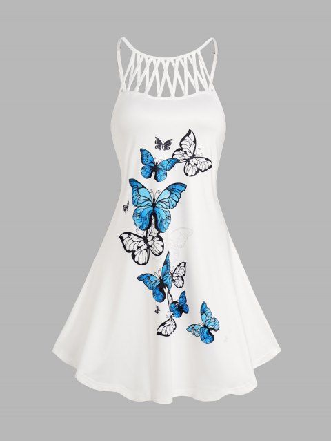 Colored Butterfly Print Dress Crisscross Sleeveless A Line Mini Dress