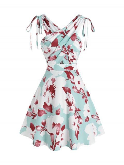 Summer Mini Dress Crisscross Cinched Tie Floral Print Cut Out Vacation A Line Dress