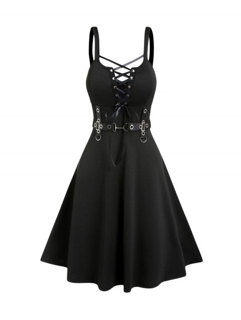 Robe Ligne A à Bretelle Anneau en D sans Manches à Lacets à Taille Haute 
