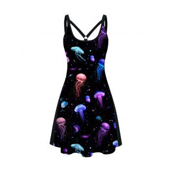 

Colorful 3D Jellyfish Print A Line Tank Dress Casual Mini Dress, Black