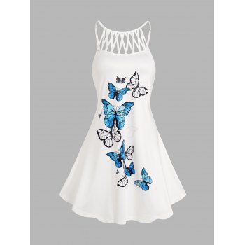 

Colored Butterfly Print Dress Crisscross Sleeveless A Line Mini Dress, White