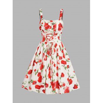 

Flower Print Lace Up Sundress Ruched High Waist Sleeveless Backless Mini Dress, Multicolor