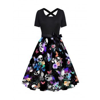 

Colorful Flower Butterfly Skull Print Short Sleeve Combo Dress Belted Cross High Waist A Line Dress, Black