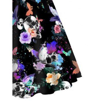 Colorful Flower Butterfly Skull Print Short Sleeve Combo Dress Belted Cross High Waist A Line Dress