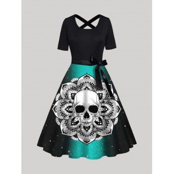 

Gothic Dress Skull Flower Pattern Colorblock Crisscross Bowknot Belted High Waisted A Line Midi Dress, Black