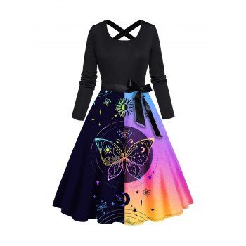 

Contrast Colorblock Dress Butterfly Sun Pattern Bowknot Belted Crisscross High Waisted A Line Midi Dress, Multicolor