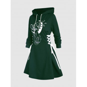 

Gothic Hoodie Dress Cat Hat Moon Print Lace Up Long Sleeve A Line Mini Dress, Deep green