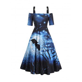 

Halloween Bat Moon Night Print Midi Dress Cold Shoulder O Ring Strap High Waist Dress, Deep blue