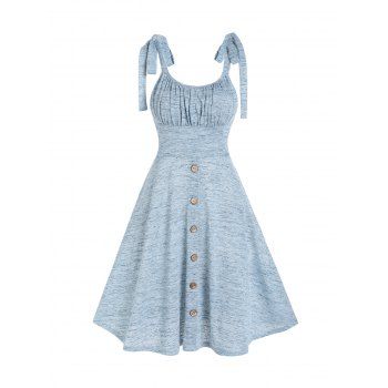 

Space Dye Casual Dress Ruched Shoulder Mock Button High Waisted A Line Mini Dress, Light blue