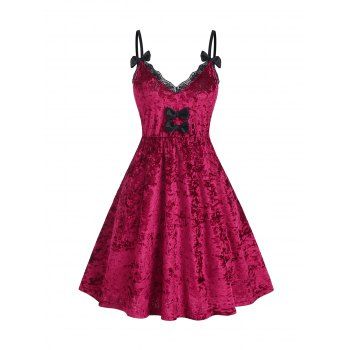 

Bowknot Lace Trim Party Velvet Dress, Red