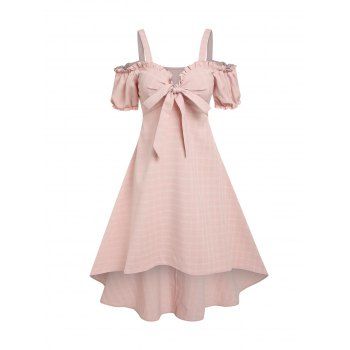 

Plaid Pattern High Low Dress Cold Shoulder Midi Dress Bowknot Ruffled Empire Waist Dress, Light pink