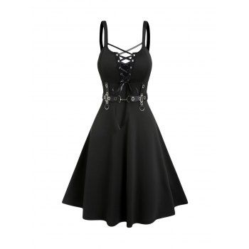 

Punk Gothic Dress Lace Up D-ring Eyelet Straps A Line Dress Sleeveless High Waist Dress, Black