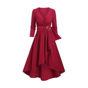 

O Ring Overlap Dip Hem Surplice Dress, Deep red