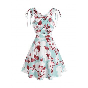 

Summer Mini Dress Crisscross Cinched Tie Floral Print Cut Out Vacation A Line Dress, Light blue